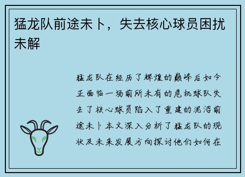 猛龙队前途未卜，失去核心球员困扰未解
